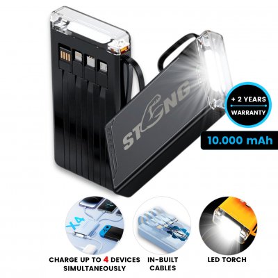10000 mAh – Power bank with built-in cables and strong LED flashlight - LONG