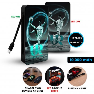 10000 mAh – power bank BRIGHTA with LED logo (+CMYK) and built-in USB-C cable