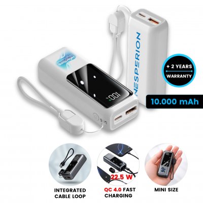 10000 mAh – power bank VOLTORA, with QC 22.5 W, display and built-in cable in strap