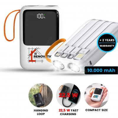 10000 mAh – power bank PLUGGO, with built-in cables, QC 22.5 W, display and flashlight