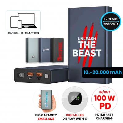 PD 100 W super-fast power bank for laptop, tablet, smartphone, 10000 / 20000 mAh