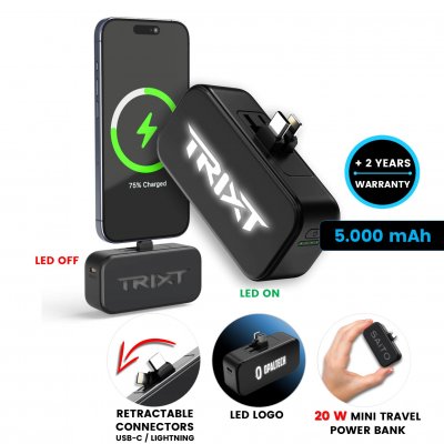 4500mAh attachable power bank KONNEX with sliding USB-C and Lightning connectors, PD 20 W and LED logo