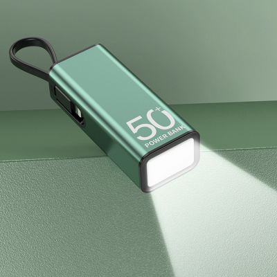 Metal power bank with LED torch and built-in USB-C (Type-C) cable, 5000 mAh