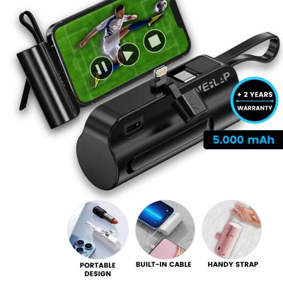 5000 mAh – mini attachable power bank with USB-C and Lightning connectors and built-in cable