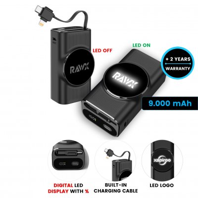 9000mAh power bank FLEXLIT with sliding cable and LED logo, PD 20 W and QC 22.5 W
