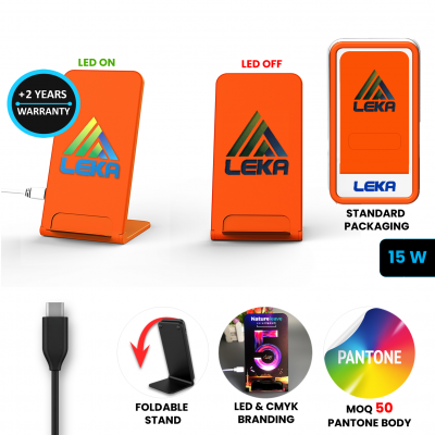 Foldable stand with wireless 15 W fast-charging and LED logo + CMYK printing
