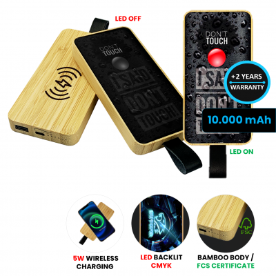 Bamboo wireless power bank with LED + CMYK logo, 10000 mAh