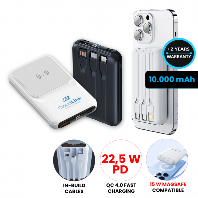 15 W magnetic wireless + QC 22.5 W power bank with cables, 10000 mAh, white colour (PBQ10035)