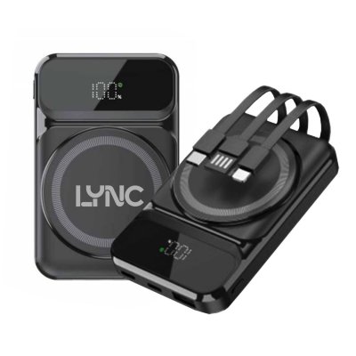 10000 mAh - Magnetic power bank with 15 W wireless charging, QC 22.5 W and built-in cables, rABS