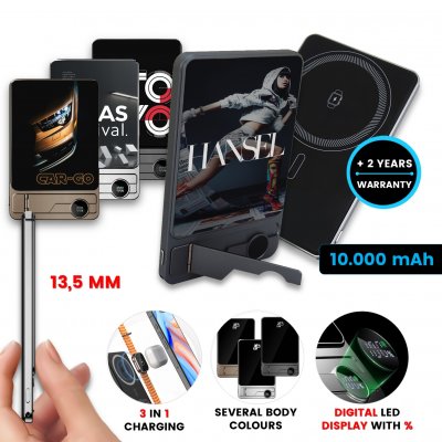 10000 mAh magnetic metal power bank QUANTUM 3-in-1, with 15 W wireless charging and PD 20 W