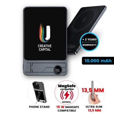 10000 mAh magnetic metal power bank QUANTUM 3-in-1, with 15 W wireless charging and PD 20 W