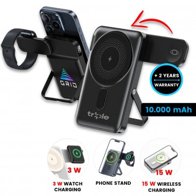 10000mAh magnetic power bank GRAVON, with 15 W wireless charging, foldable watch charger and stand