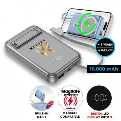 10000 mAh – magnetic power bank with 15 W wireless charging, QC 22.5 W and built-in cable