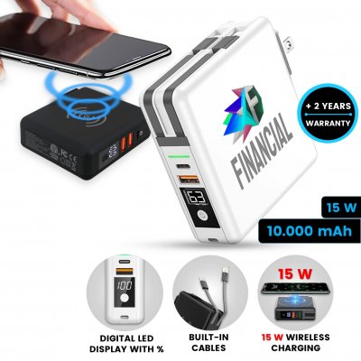 10000 mAh – power bank / wall adapter, with 15 W wireless charging and built-in cables