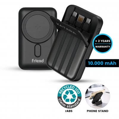 10000 mAh – magnetic power bank with 15 W wireless charging, QC 22.5 W and built-in cables, rABS