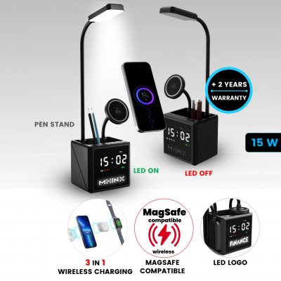 NEOLITE desk lamp with 15 W wireless charging, clock and LED logo