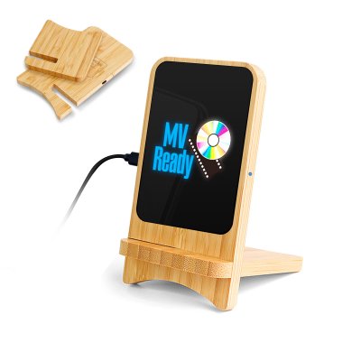 Bamboo stand with 15 W wireless charging and LED logo + CMYK