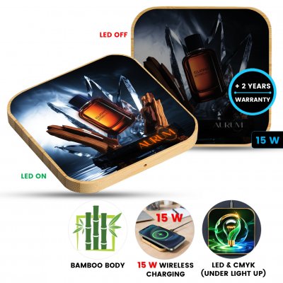 15 W bamboo wireless fast charging pad with CMYK + LED logo