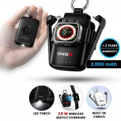 Emergency keychain power bank CHARGEGO, with built-in cables, LED flashlight and Apple Watch charger