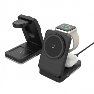 15 W multifunctional foldable magnetic wireless charger and stand FOLDEX (3 in 1), black colour (PBQ201)