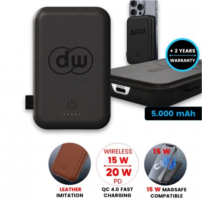 5000 mAh leather magnetic power bank LEATHA, with 15 W wireless charging and PD 20 W