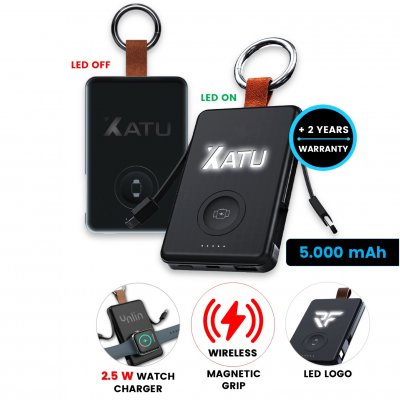 5000mAh power bank CHARGEY with built-in cables, wireless charging for Apple Watch and LED logo