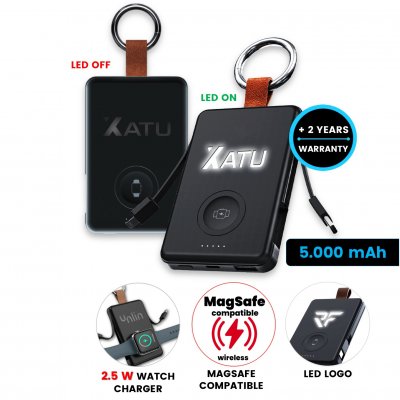 5000mAh power bank CHARGEY with built-in cables, wireless charging for Apple Watch and LED logo