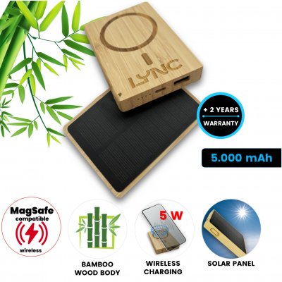 5000 mAh - Bamboo magnetic power bank with wireless charging and solar panel