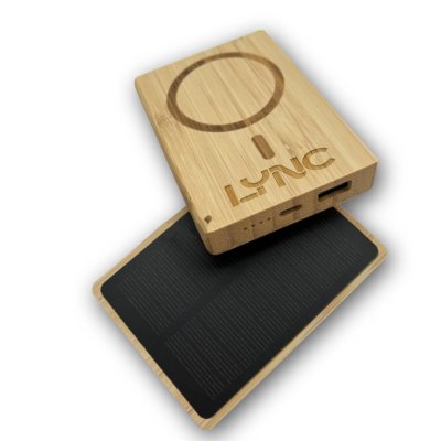 5000 mAh - Bamboo magnetic power bank with wireless charging and solar panel