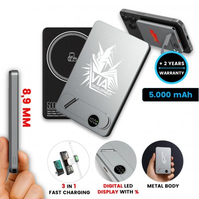 5000mAh ultra-thin magnetic metal power bank FLATIQ with 15 W wireless charging and PD 20 W