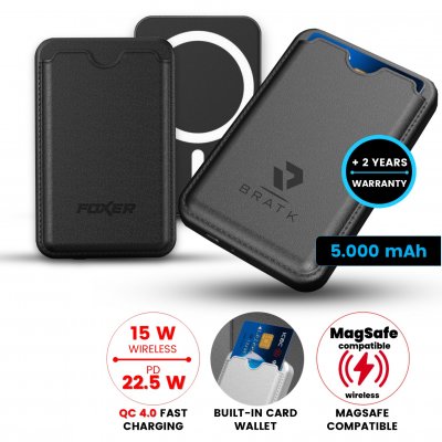 5000 mAh – magnetic power bank TANNOX with 15 W wireless charging and card holder