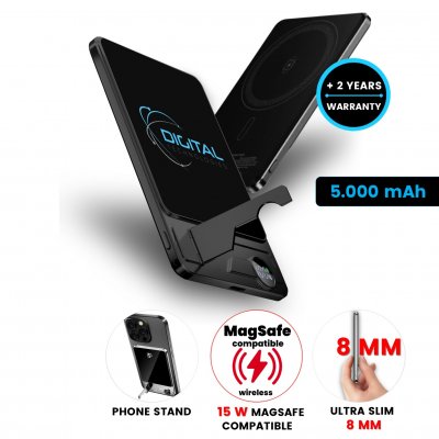 5000 mAh ultra-slim magnetic metal power bank QUANTUM 3-in-1, with 15 W wireless charging and PD 20 W