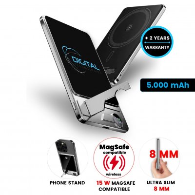 5000 mAh ultra-slim magnetic metal power bank QUANTUM 3-in-1, with 15 W wireless charging and PD 20 W