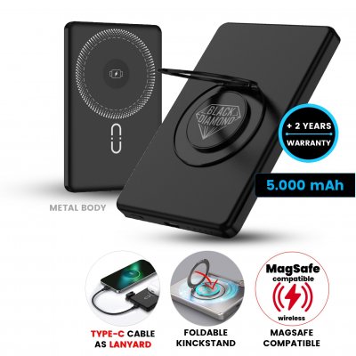 5000 mAh – magnetic metal power bank POVRA 3-in-1 with 15 W wireless charging and PD 20 W