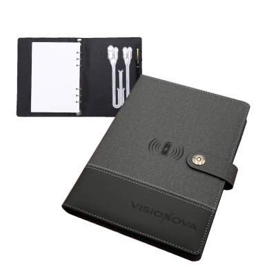 8000 mAh – notebook-style power bank with wireless charging and built-in cables