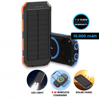Solar power bank with LED torch and wireless charging, 10000 mAh