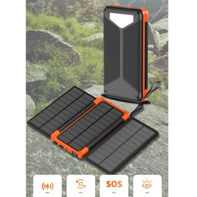 Foldable solar power bank with 3 panels, LED torch and wireless charging, 20000 mAh