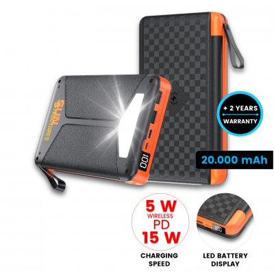 Foldable solar power bank with 3 panels, LED torch and wireless charging, 20000 mAh