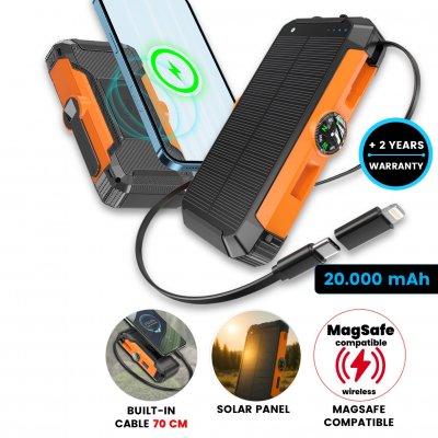 20000 mAh – solar power bank with dynamo, wireless charging, compass and flashlight