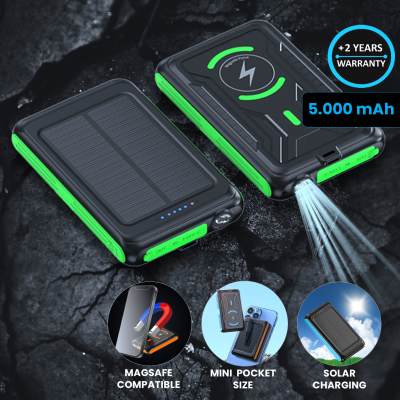 Magnetic wireless power bank with solar charging and LED torch, 5000 mAh