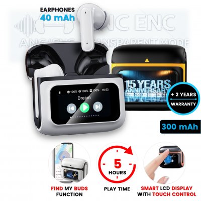 Touch-controlled wireless TWS earphones SONIQ, in a charging case with touchscreen display