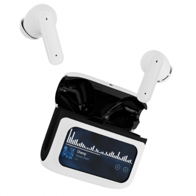 Touch-controlled wireless TWS earphones SONIQ, in a charging case with touchscreen display