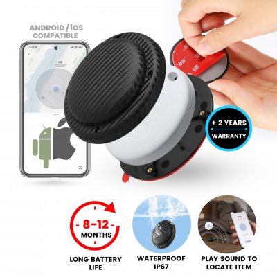 TagMate smart tracking tag with adhesive case/holder, compatible with iOS and Android