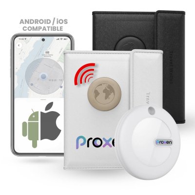 Travel wallet with integrated TagMate smart tracking tag, compatible with iOS and Android