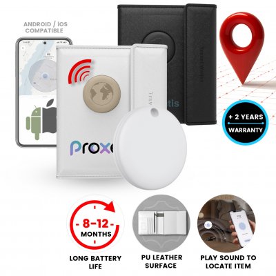 Travel wallet with integrated TagMate smart tracking tag, compatible with iOS and Android