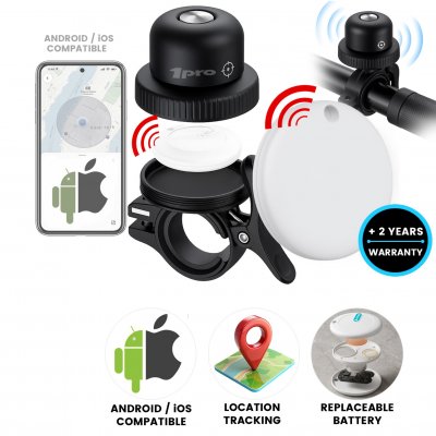 Bike bell with integrated TagMate tracking tag, compatible with iOS and Android