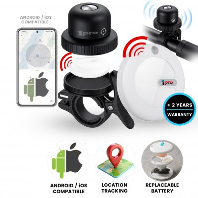 Bike bell with integrated TagMate tracking tag, compatible with iOS and Android