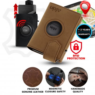 Leather wallet with pop-up card holder, with integrated TagMate Mini tracking tag
