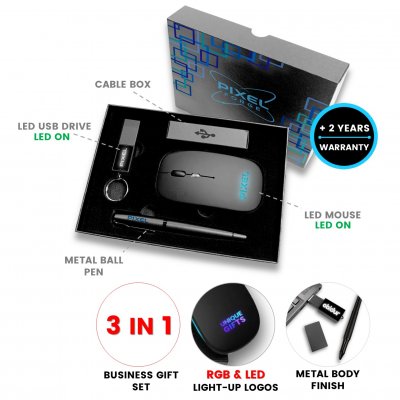Gift set with LED logo, USB flash drive, mouse and pen
