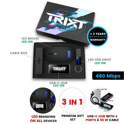 Gift set with LED logo, USB flash drive, USB hub and mouse
